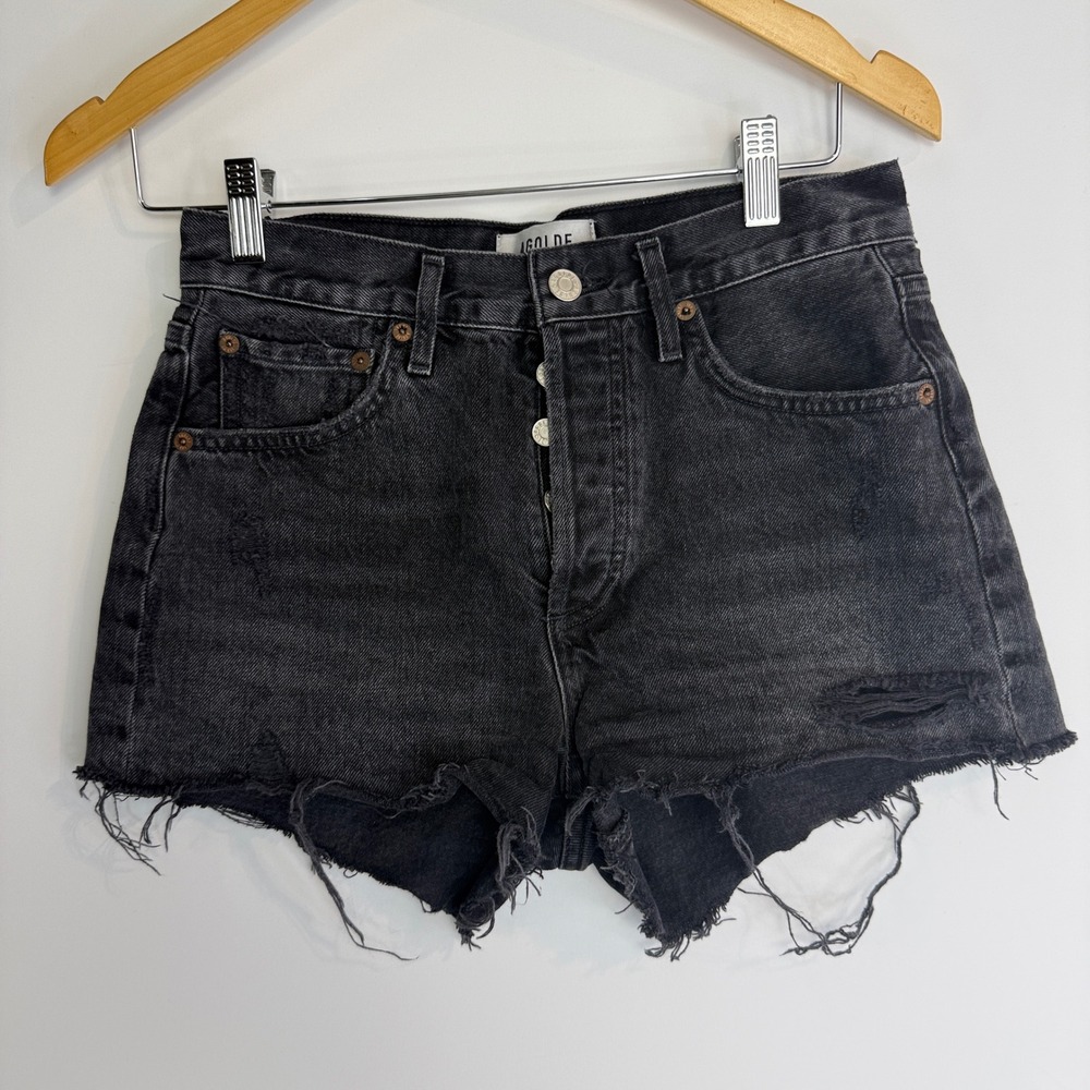 AGOLDE Parker Shorts Women 24 Black Distressed High Rise Raw Hem A026B-1157